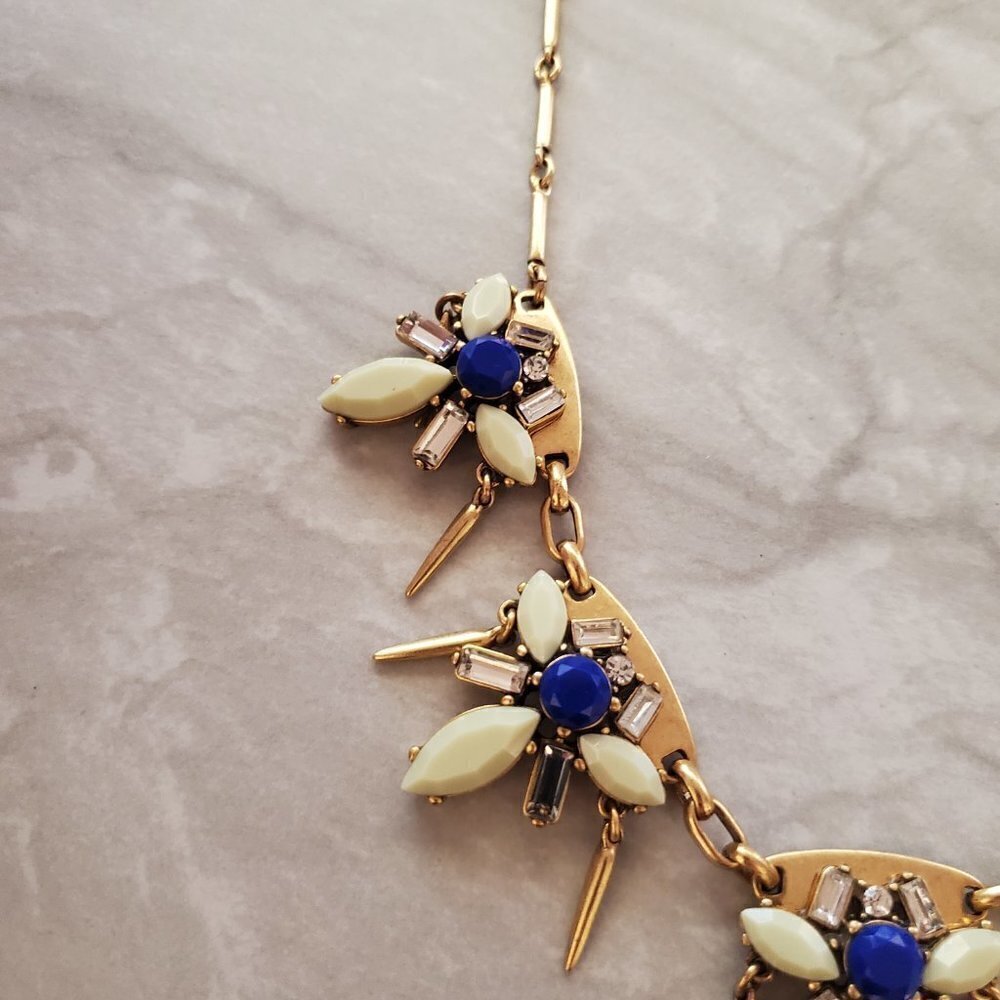 💙 J.Crew Blue Rhinesontes Crystals Beaded Fringe Statement Necklace 💙 - Picture 7 of 15